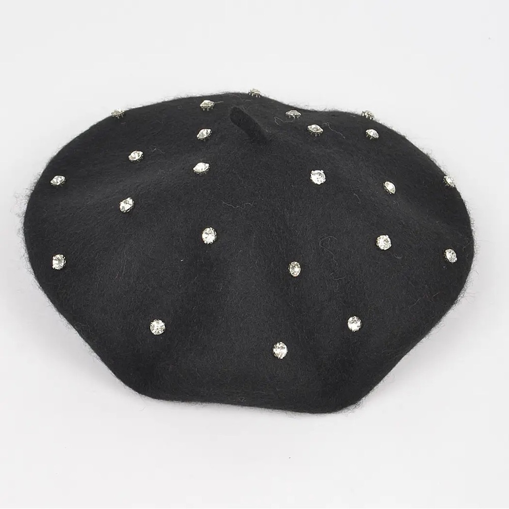 Elegant Black Beret with Rhinestone Accents